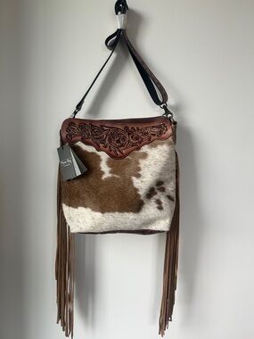 Myra Western Tooled Leather & Hair-on-Hide Fringe Crossbody Bag - Brown & White